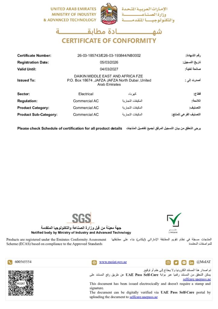 Daikin RXQ12ARYFK ESMA ECAS certificate preview