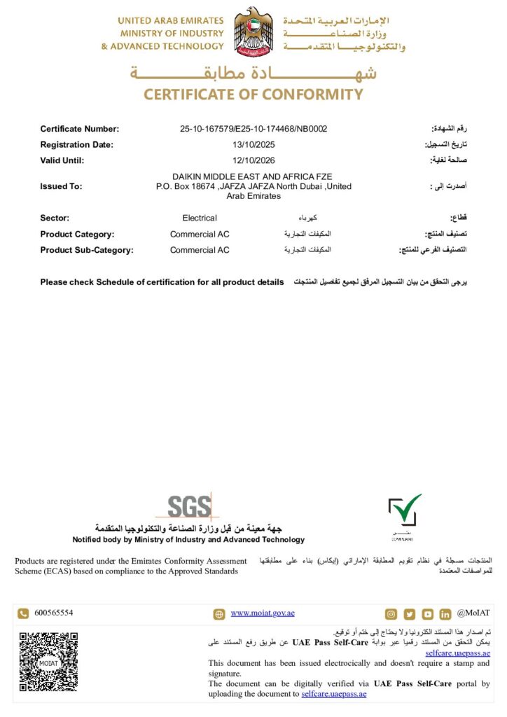 Daikin RXYTQ16U5YF ESMA ECAS certificate preview